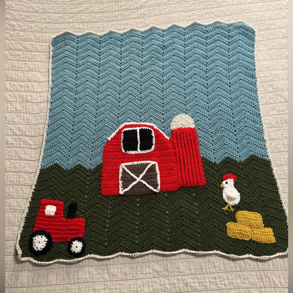 Farm Themed Crochet Blanket featuring a barn, chicken, tractor and hay bale
